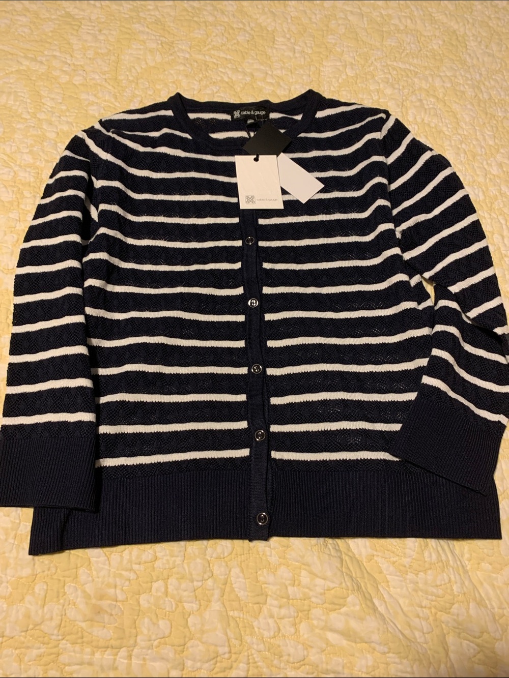 Cable & Gauge Striped Button-Front Women’s light Sweater Cardigan - Navy & White - Picture 5 of 5